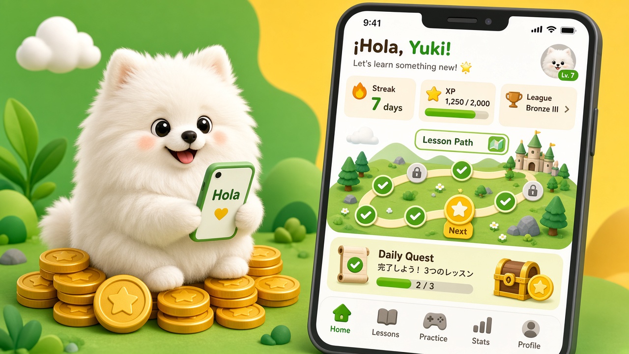 ストリーク、XP、リーグなど、ゲームっぽい学習体験が分かるホーム画面のイメージ