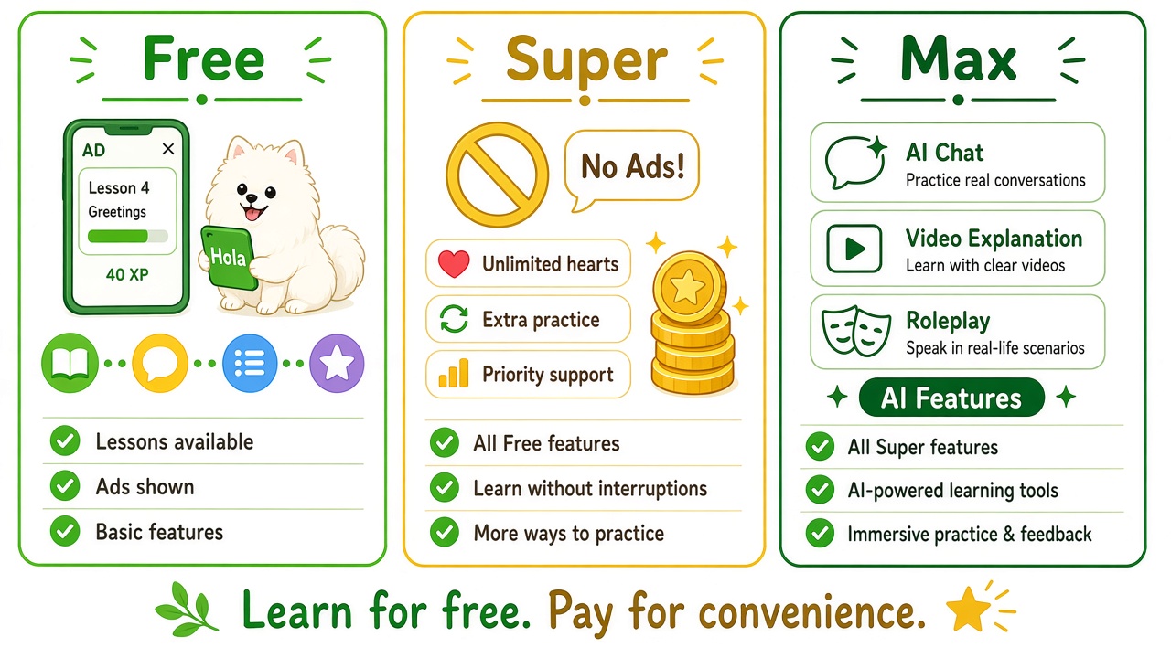 無料版・Super Duolingo・Duolingo Maxの違い。無料は広告ありで学習でき、Superは広告なし、MaxはAI機能が加わる