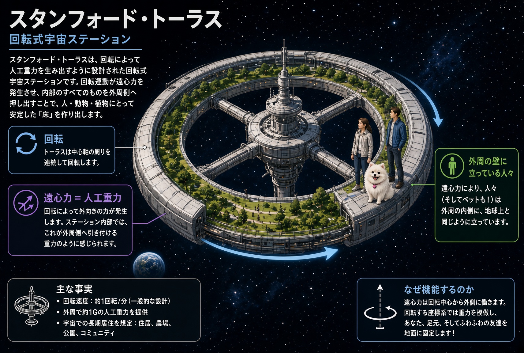 円形の宇宙ステーションが回転し、内部の人が外周側に立っている人工重力の仕組みを示す図