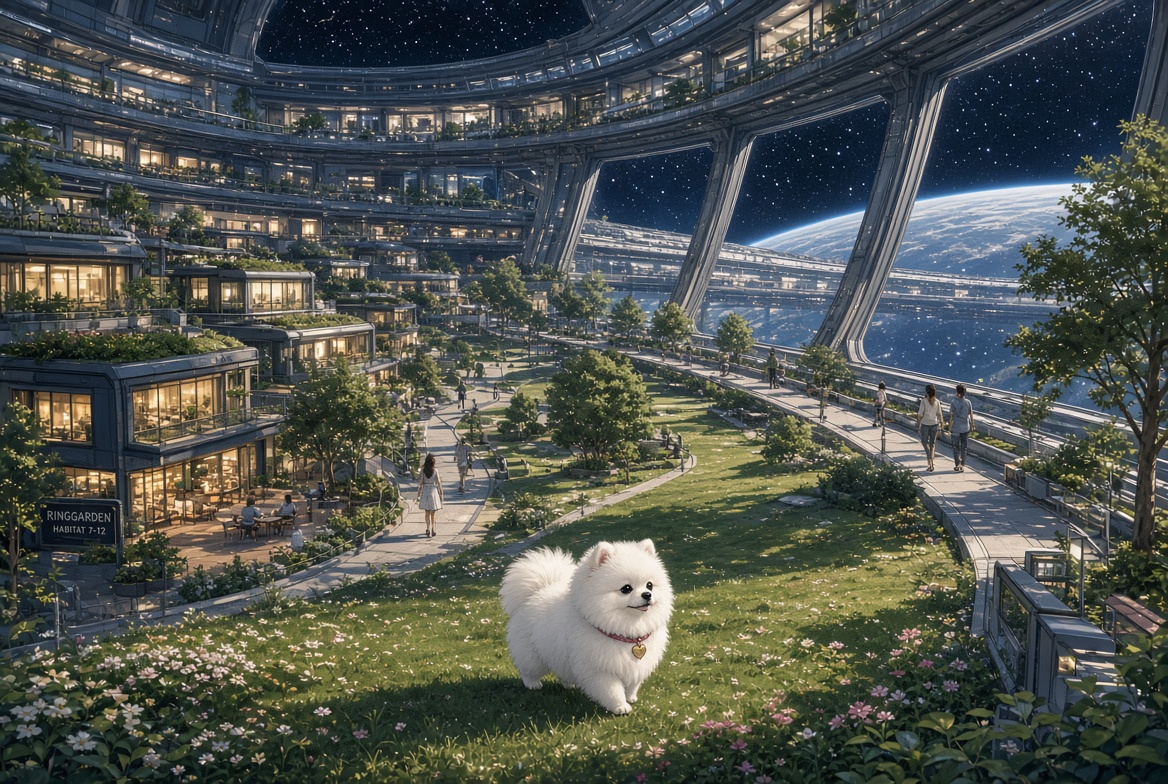 巨大な円形宇宙ステーションの内部。外周に居住区があり、回転によって人工重力が発生しているイメージ